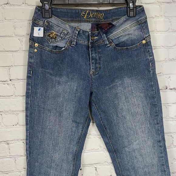 House of De'reon Beyonce Mid-Rise Straight Premium Jeans Blue Distressed Denim - Picture 8 of 15